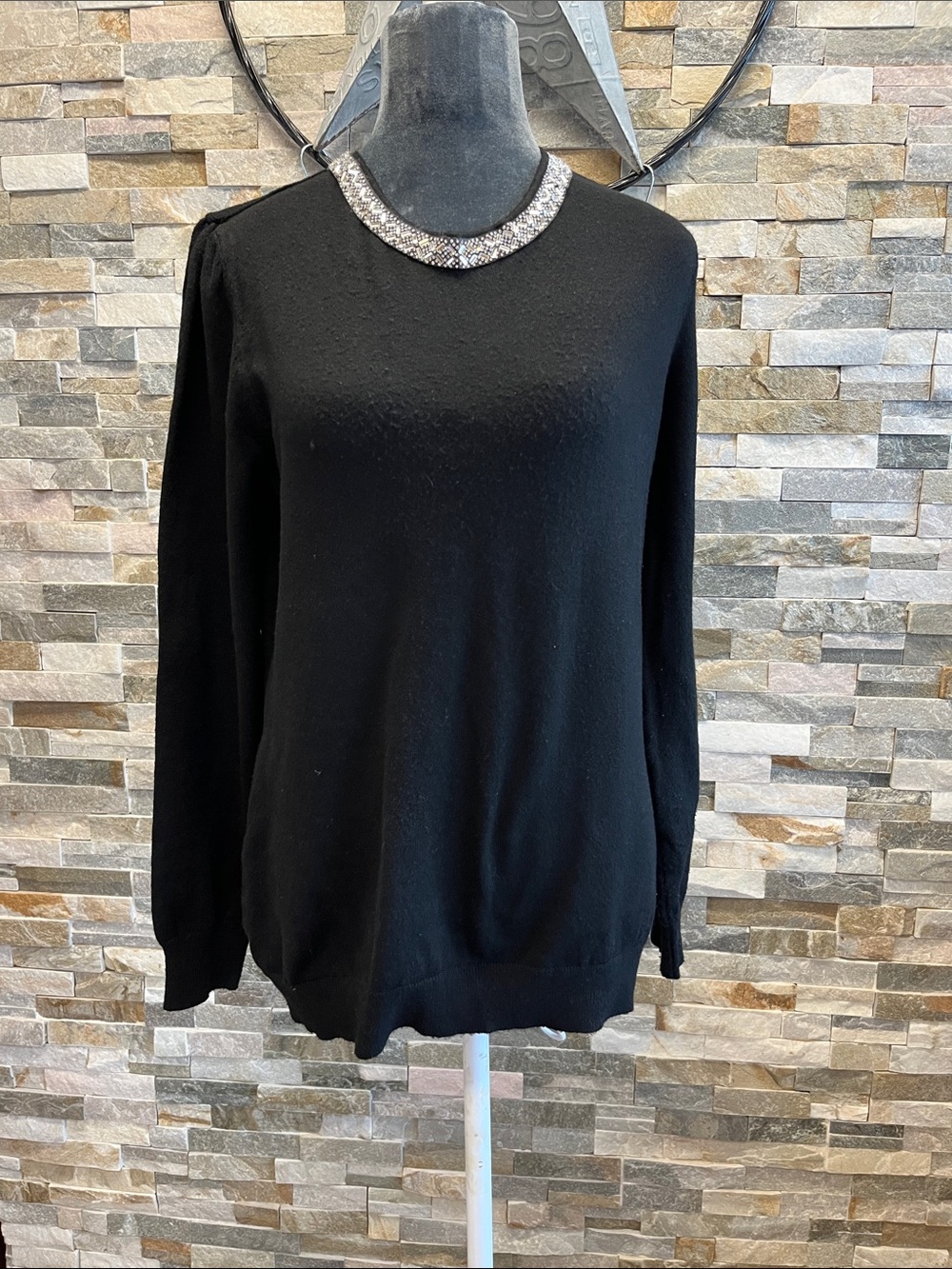BY design Black Crewneck Sweater with Sparkling Embellished Collar